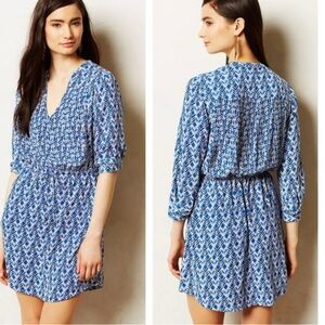 Maeve Anthropologie Blue White Geometric Print Dress XS Petite Roll Tab Sleeve
